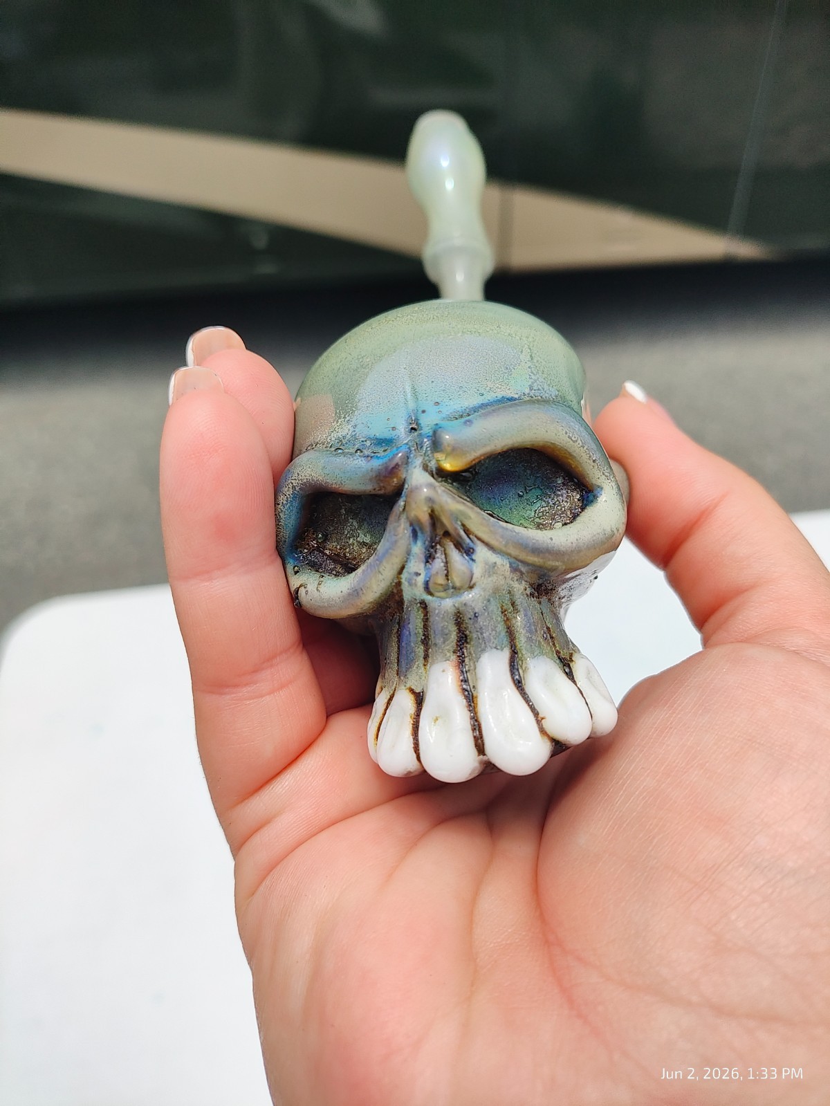 Signed Wusavi WZ Ghost Glass Apprentice Skull Hand Pipe Heady Art Glass