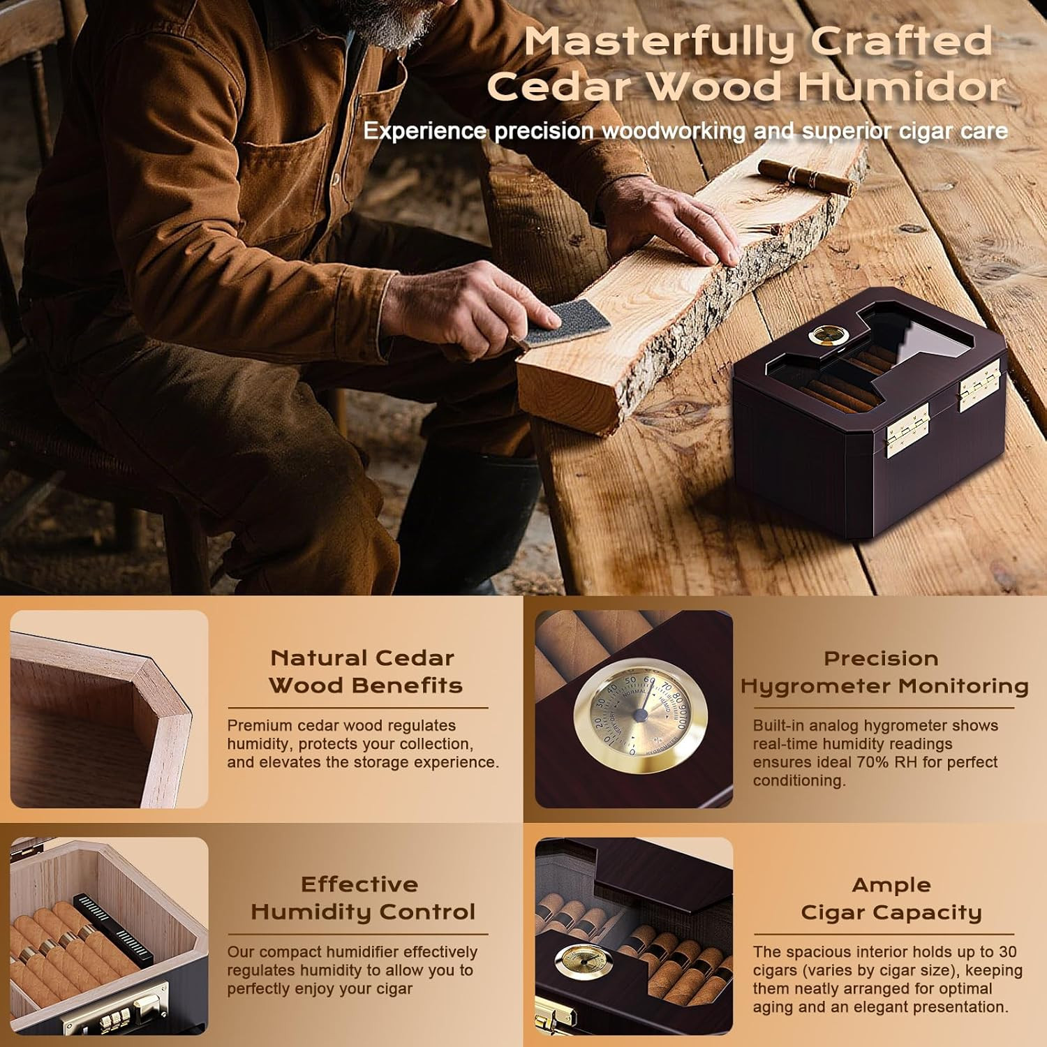 Cigar Humidor, Cedar Wood Desktop Humidor Cigar Box with Combination Lock, Glass