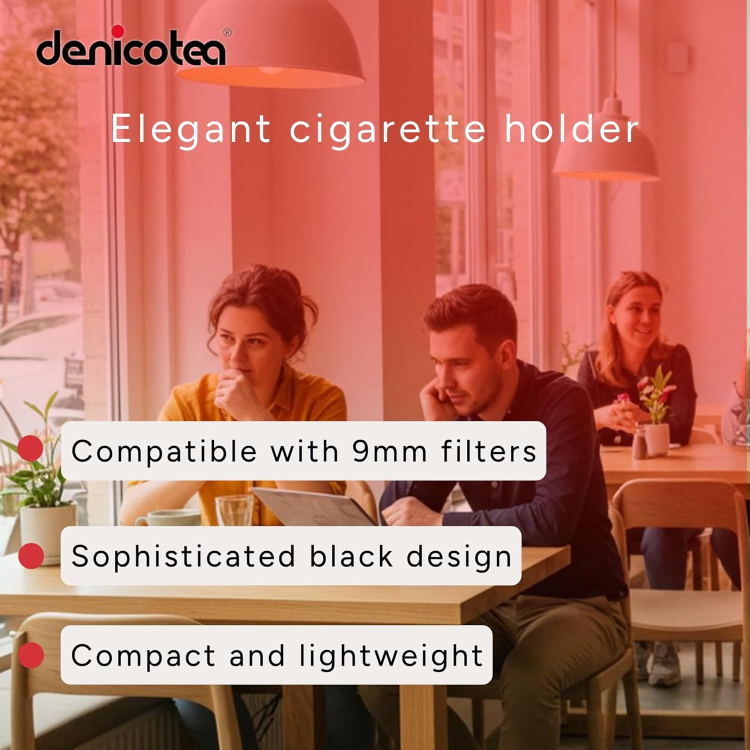 Denicotea Black Cigarette Holder with Gold Ring, 77mm Metal Accessory