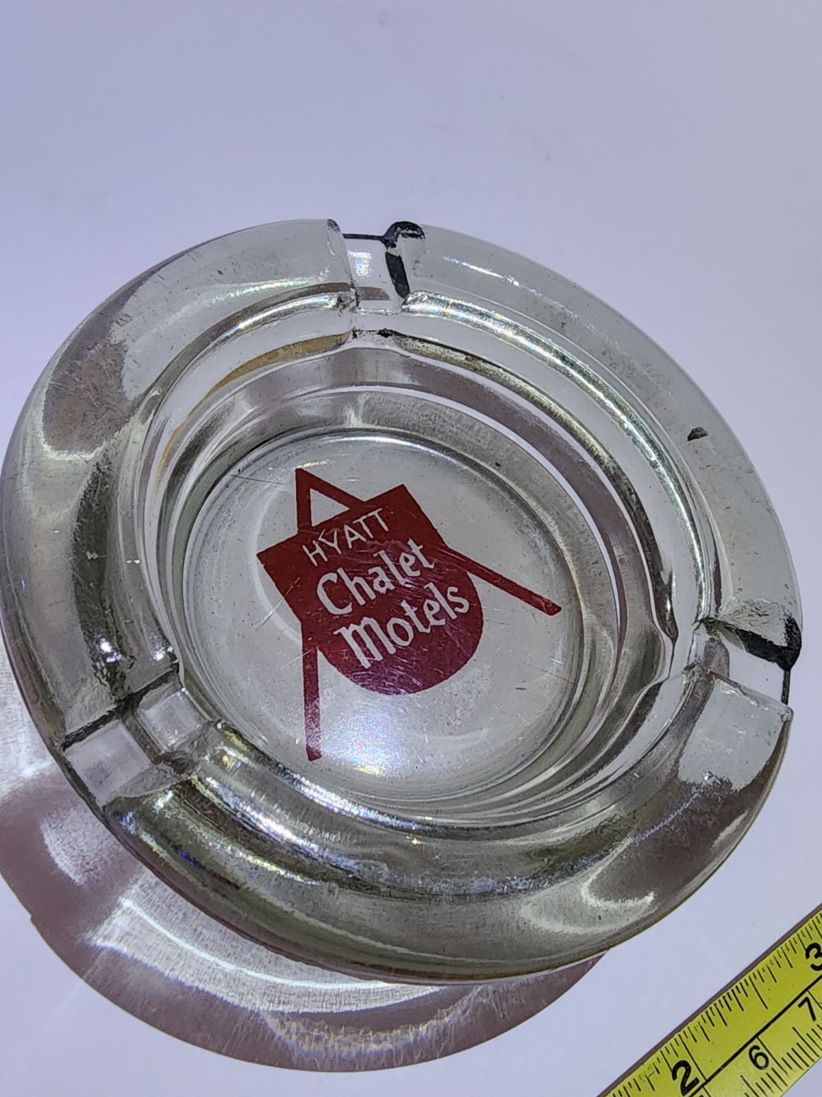 Vintage Motel Ashtray Hyatt Chalet Motels Round Smoky Gray Glass w/ Logo Nice!