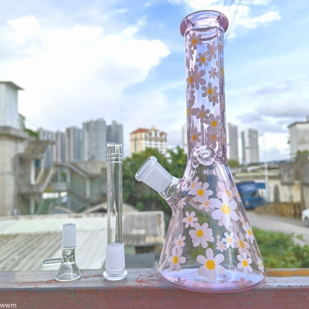 10 Inch Handmade Pink Daisy Pattern Glass Bong Water Pipe Smoking Hookah +Bowl
