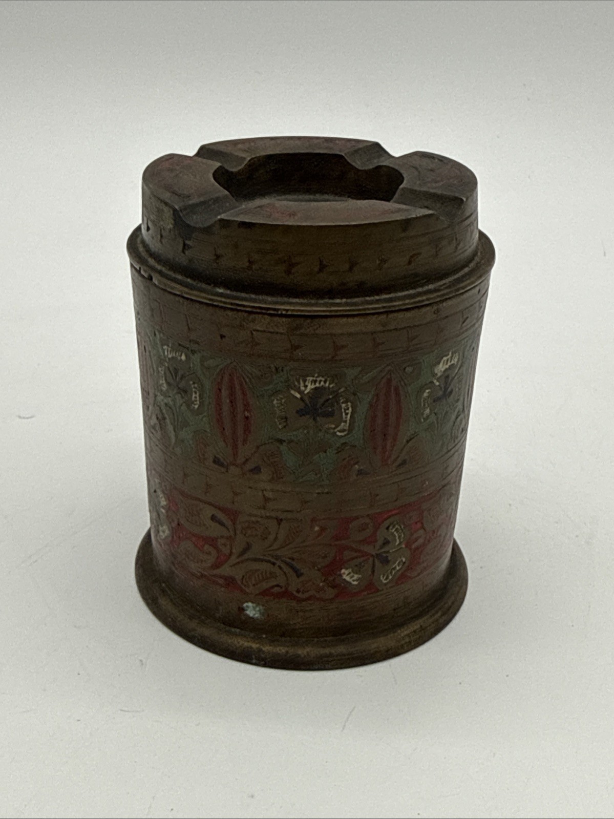 Vintage Brass Canister Engraved Cigarette Box With Ashtray Lid Made in India