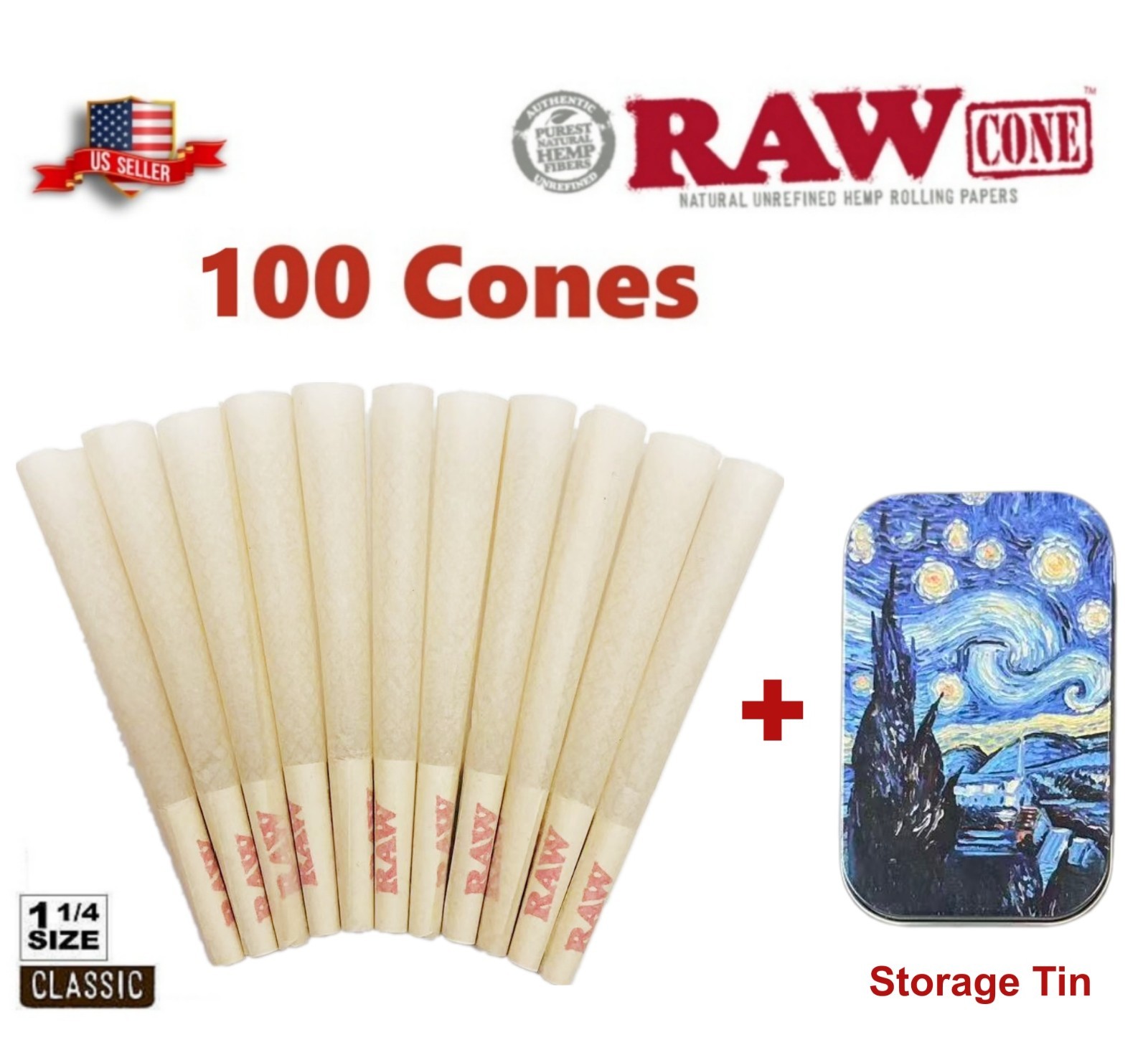 Authentic RAW Organic 1 1/4 Size Pre-Rolled Cones 100 Pack 🌟 Storage Tin