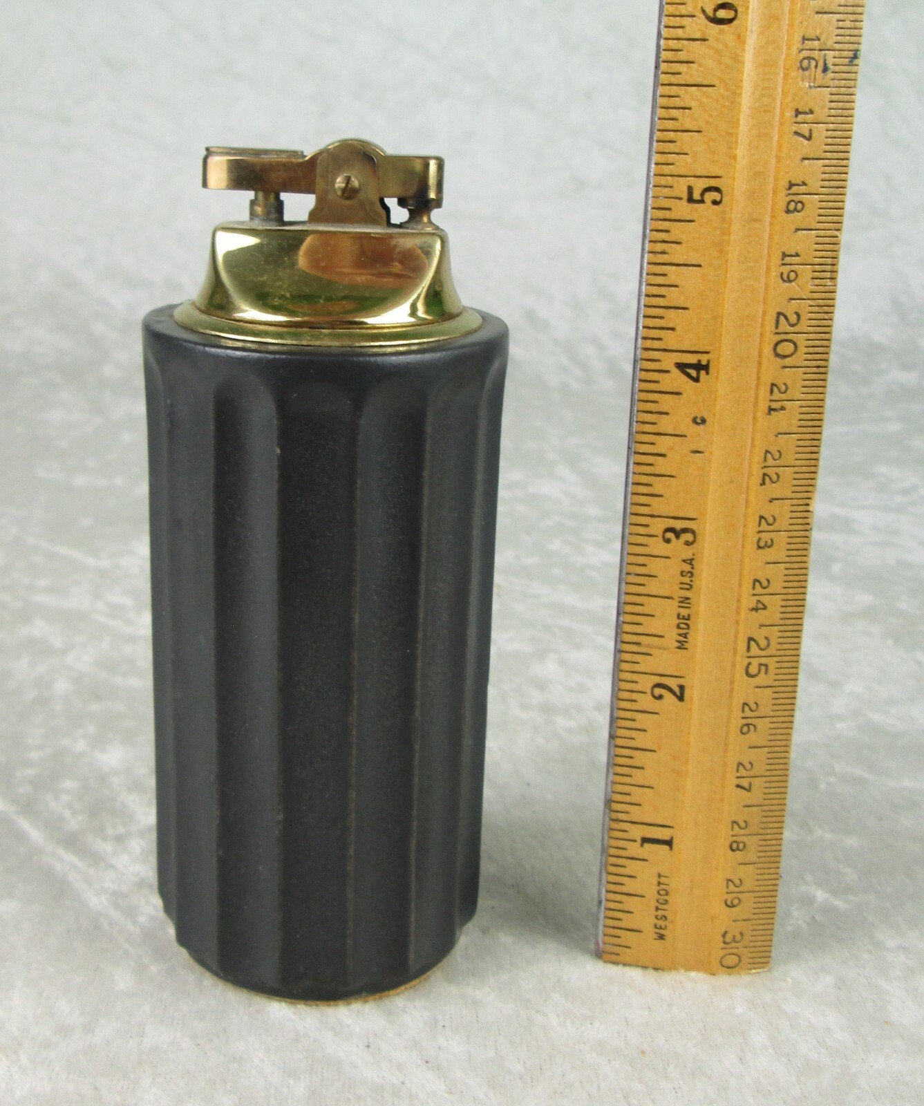Hyalyn Pottery Table Lighter Black Ribbed Vintage Mid Century Modern 5-1/8in T