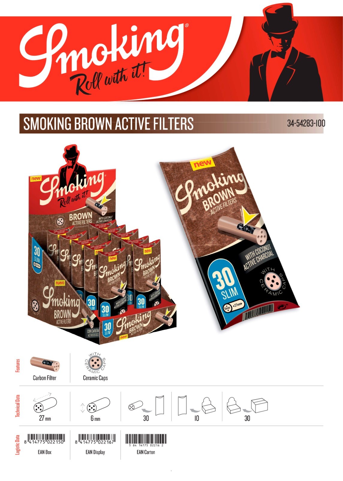 Smoking Active Charcoal Filters – Brown Slim Size (6mm) Reusable Filter 30 Count