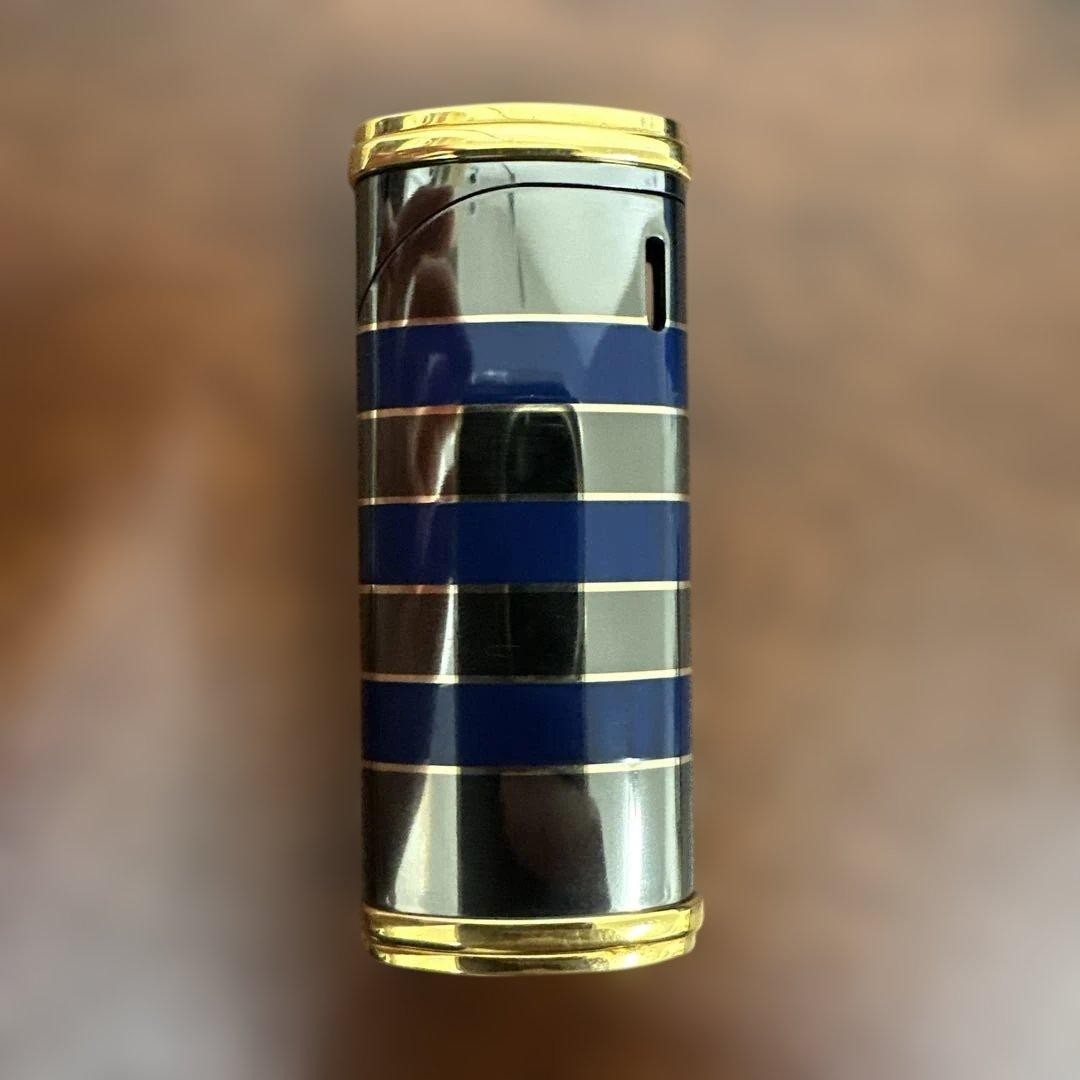YVES SAINT LAURENT YSL Vintage Lighter Blue Gold Stripe Japan Made w/ Case