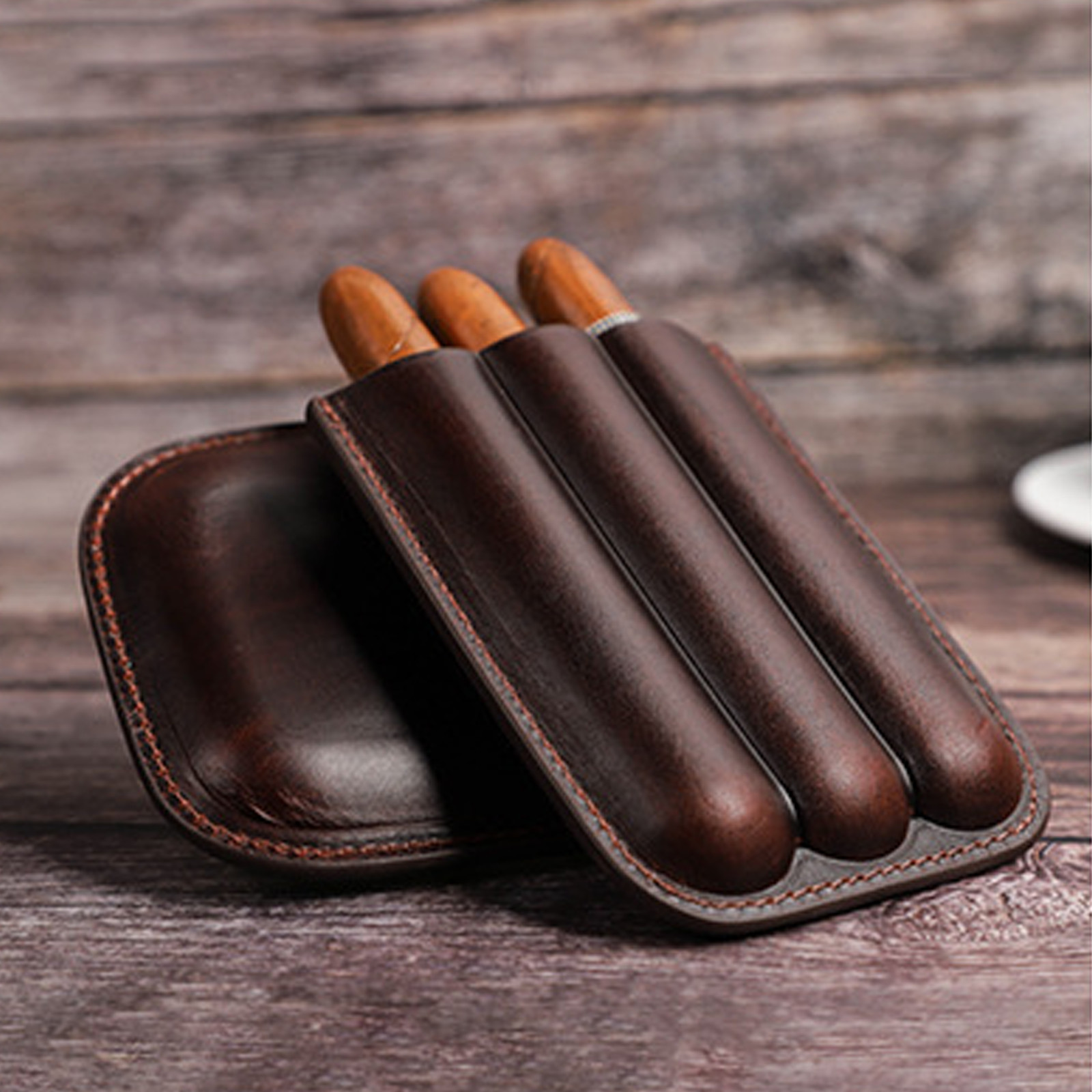 Genuine Leather 3 Cigar Case Portable Travel Humidor Holder Coffee