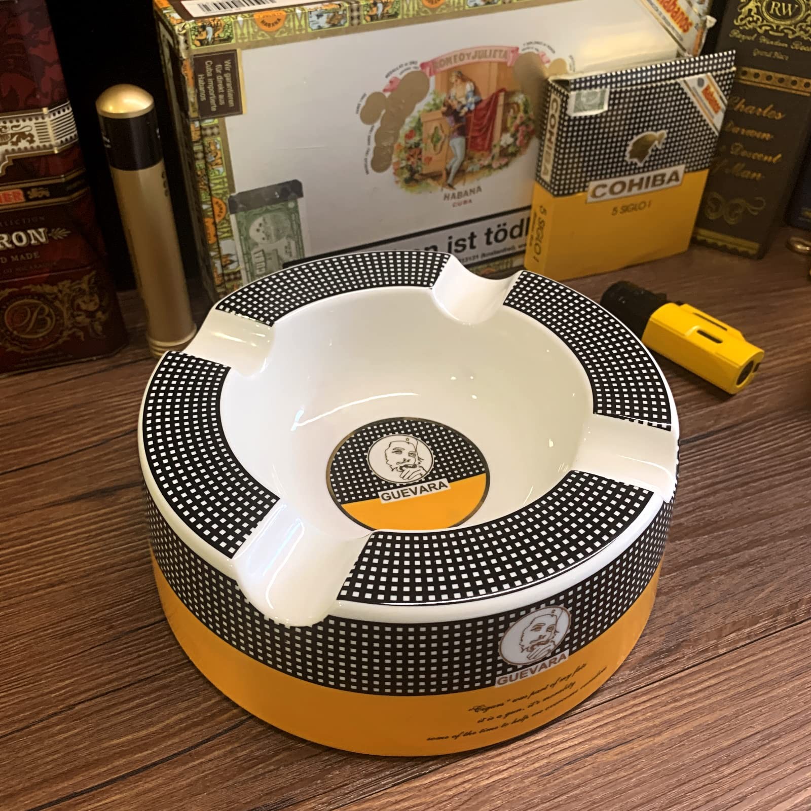 GUEVARA Cigar Ashtray Big Ash trays for 8″ Round Cigarettes Large Res – yellow-2
