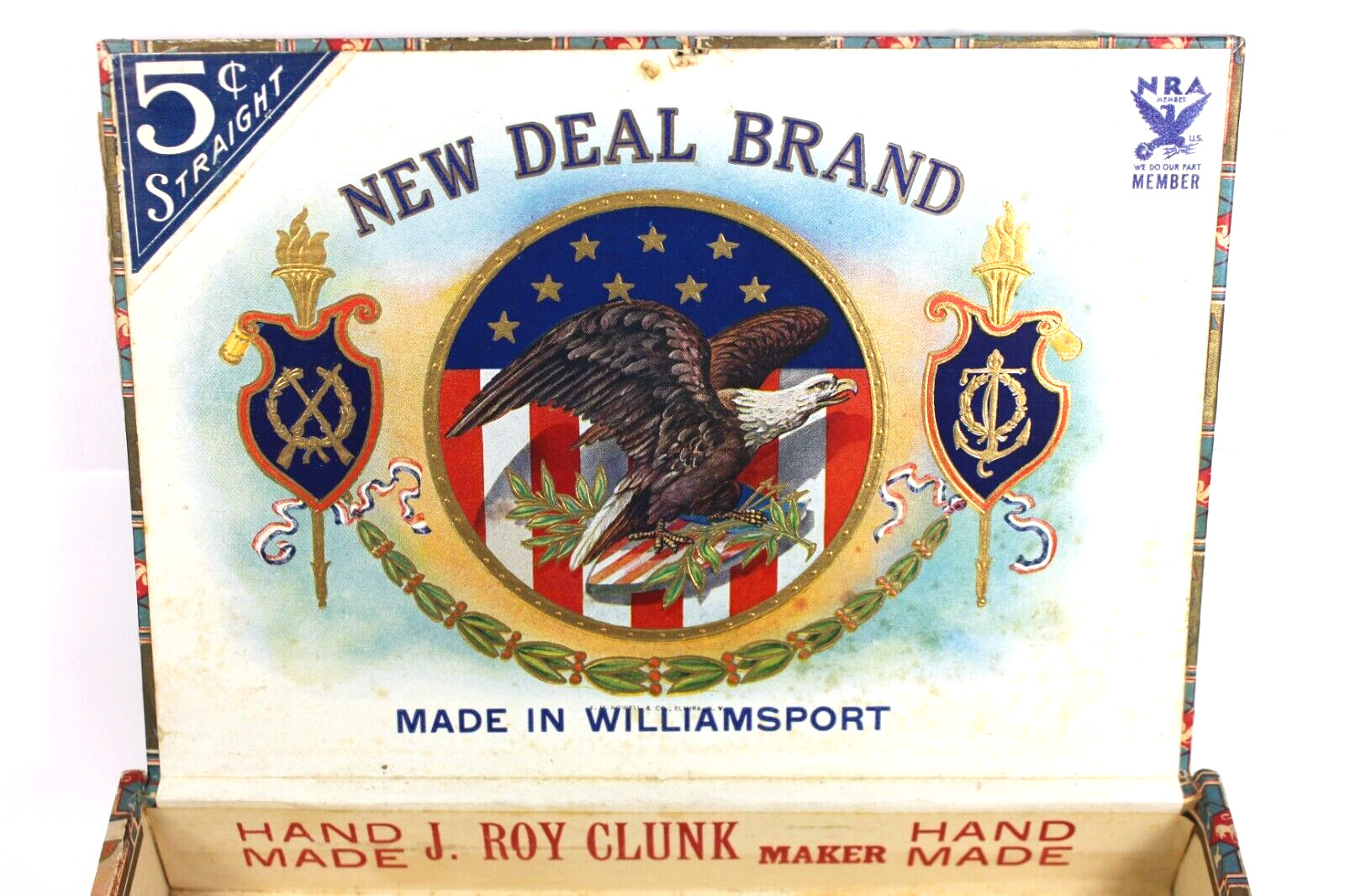 1930’s NEW DEAL BRAND Box Handmade Cigars by J. Roy Clunk of Williamsport, Pa.