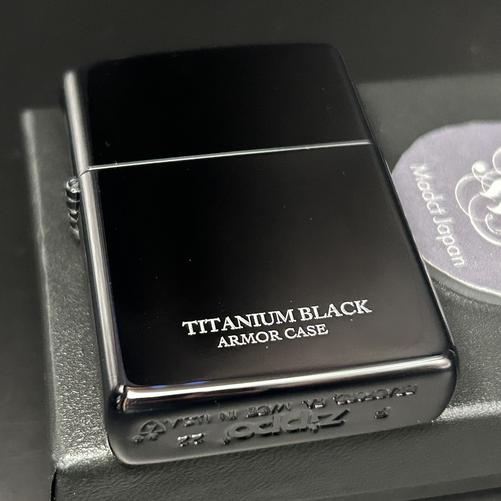 Zippo Armor Case Titanium Black Side Logo Oil Lighter Etching Brass Japan New