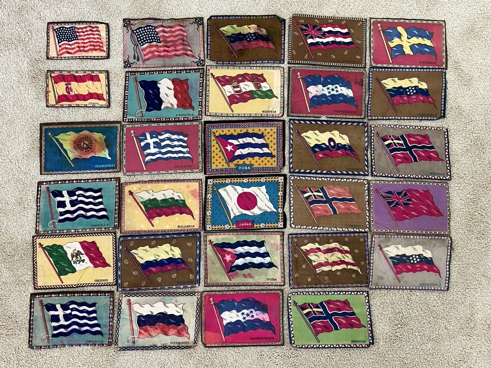 Lot of 29 Antique Tobacco Flannel Felt World Flags 1910-1916 – 8″ x 5″ & 6″ x 4″
