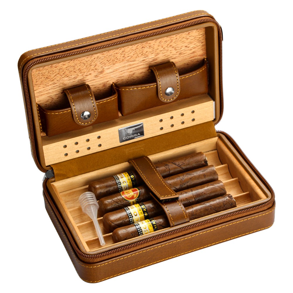 Portable Cigar Humidor Brown Vintage Leather Cedar Wood Case 4 Cigars Ashtray
