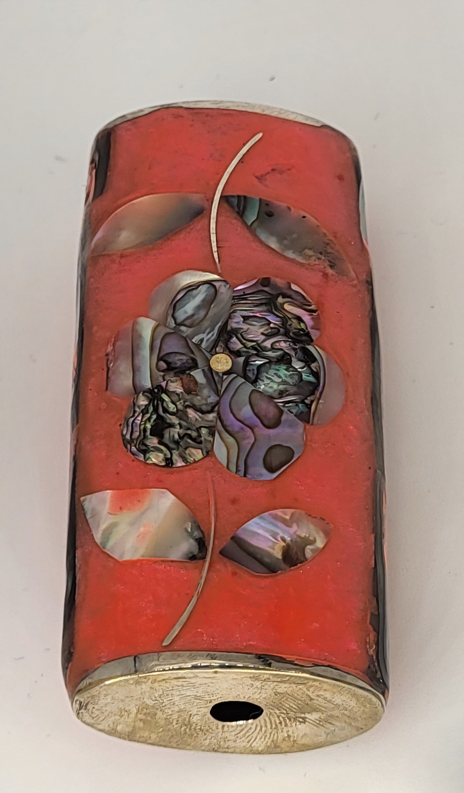 MEXICO ALPACA SILVER ORANGE ABALONE SHELL FLOWER INLAY BIC LIGHTER HOLDER CASE