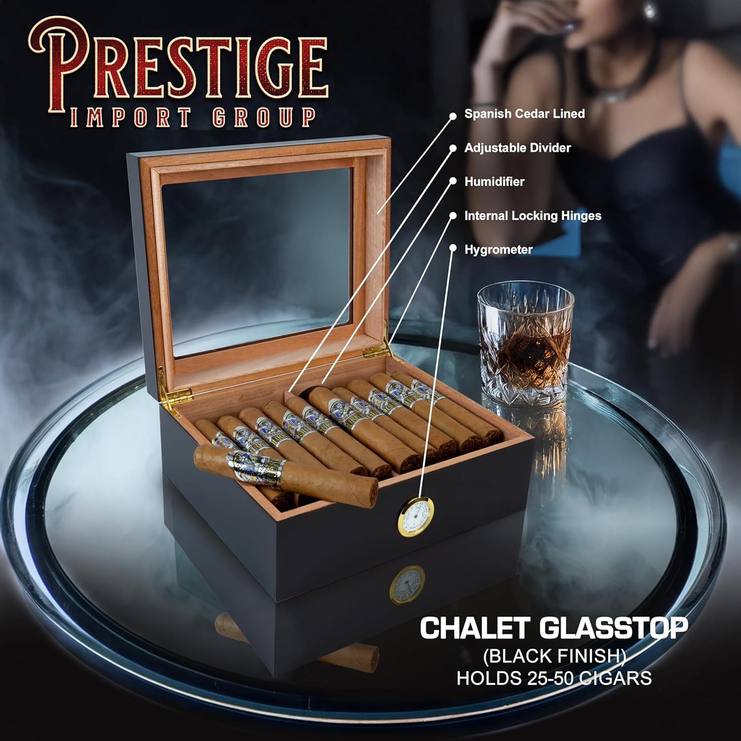 Prestige Import Group Chalet Glass Top Desktop Cigar Humidor with Hygrometer and