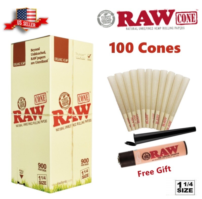 Authentic RAW Organic 1 1/4 Size Pre-Rolled Cones 100 Pack & Raw Lighter & Tube