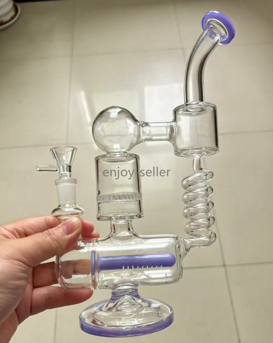 purple Recycler rig Coil Honeycomb Multiple pipes bong Glass Water Smoking 14mm