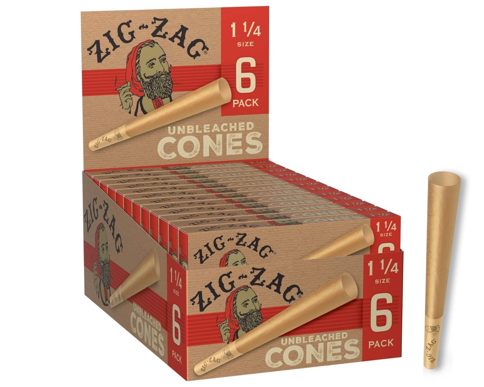 ZIG ZAG Pre Rolled Cones 1 1/4 Unbleached Natural Pack 24-6 Size