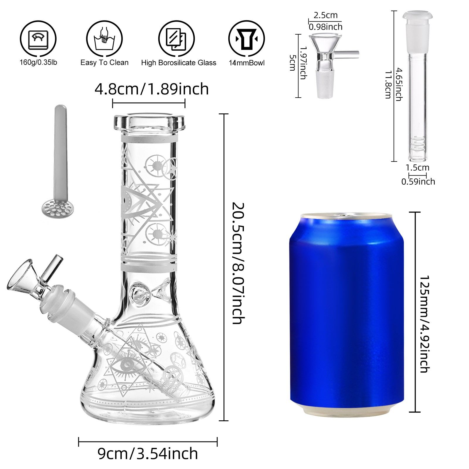 2Pack 8″Eye Glow in Dark Glass Bong Water Pipe Beaker 14mm Bowl Tobacco Screen