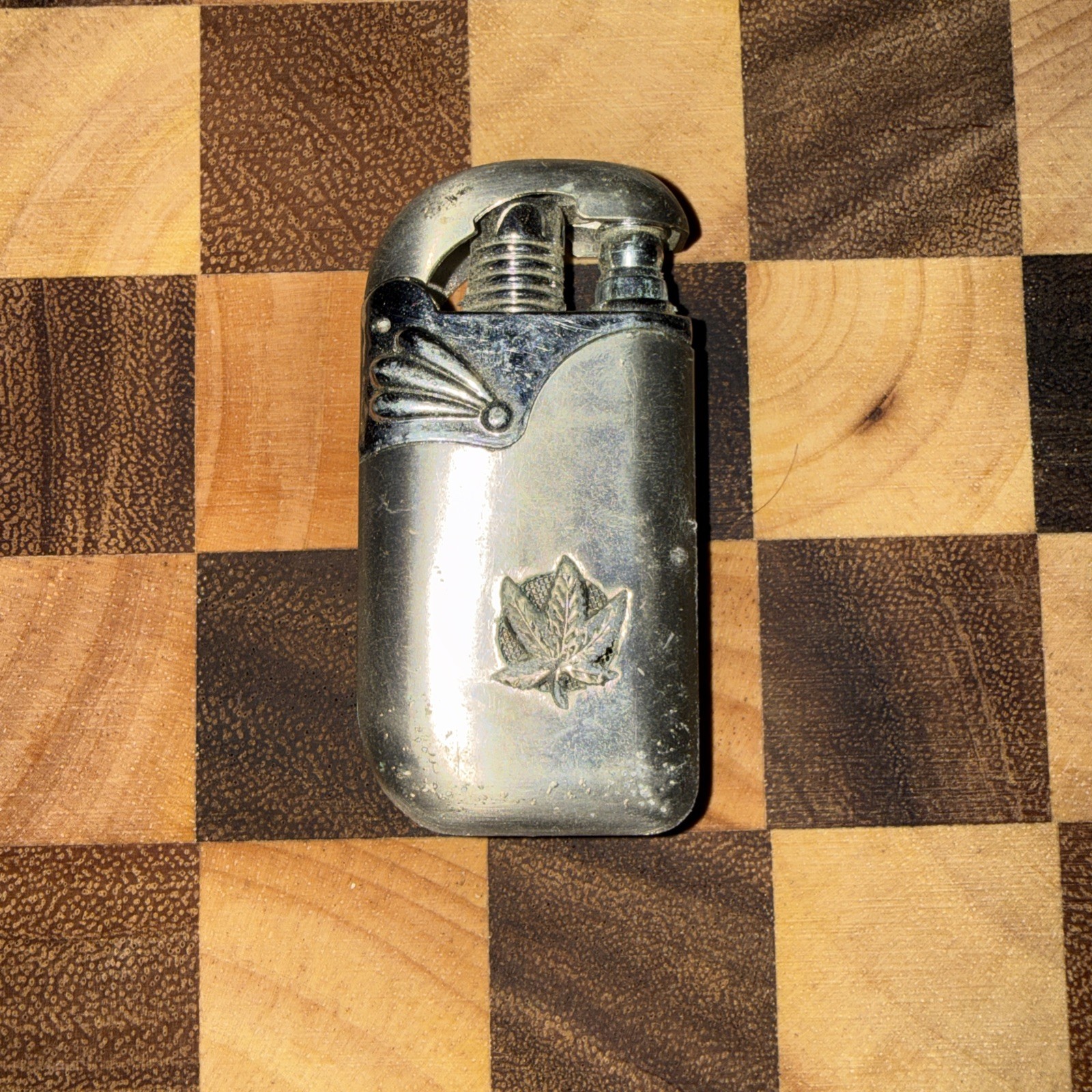 Vintage Butane Lighter Silver And Bronze With Cannabis Leaf Design. Refillable