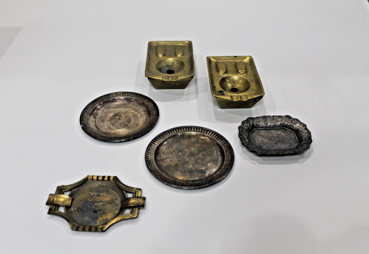 6 Vintage Ashtrays Brass Bronze And Silver Toned Made In Occupied Japan