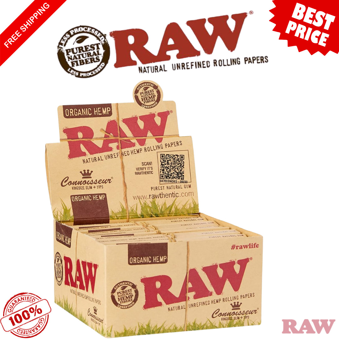 RAW Organic Hmp Connoisseur King Size Slim Rolling Papers + Tips | 24-Pack Box