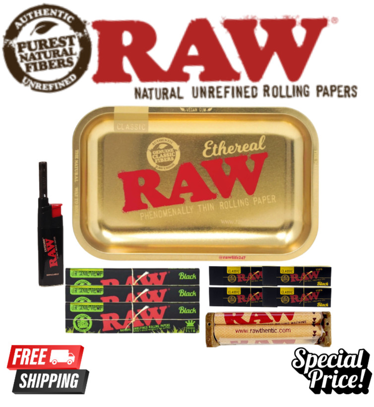 RAW Ethereal Tray + Black Organic Papers KS + Tips + 110mm Roller, Tube Lighter