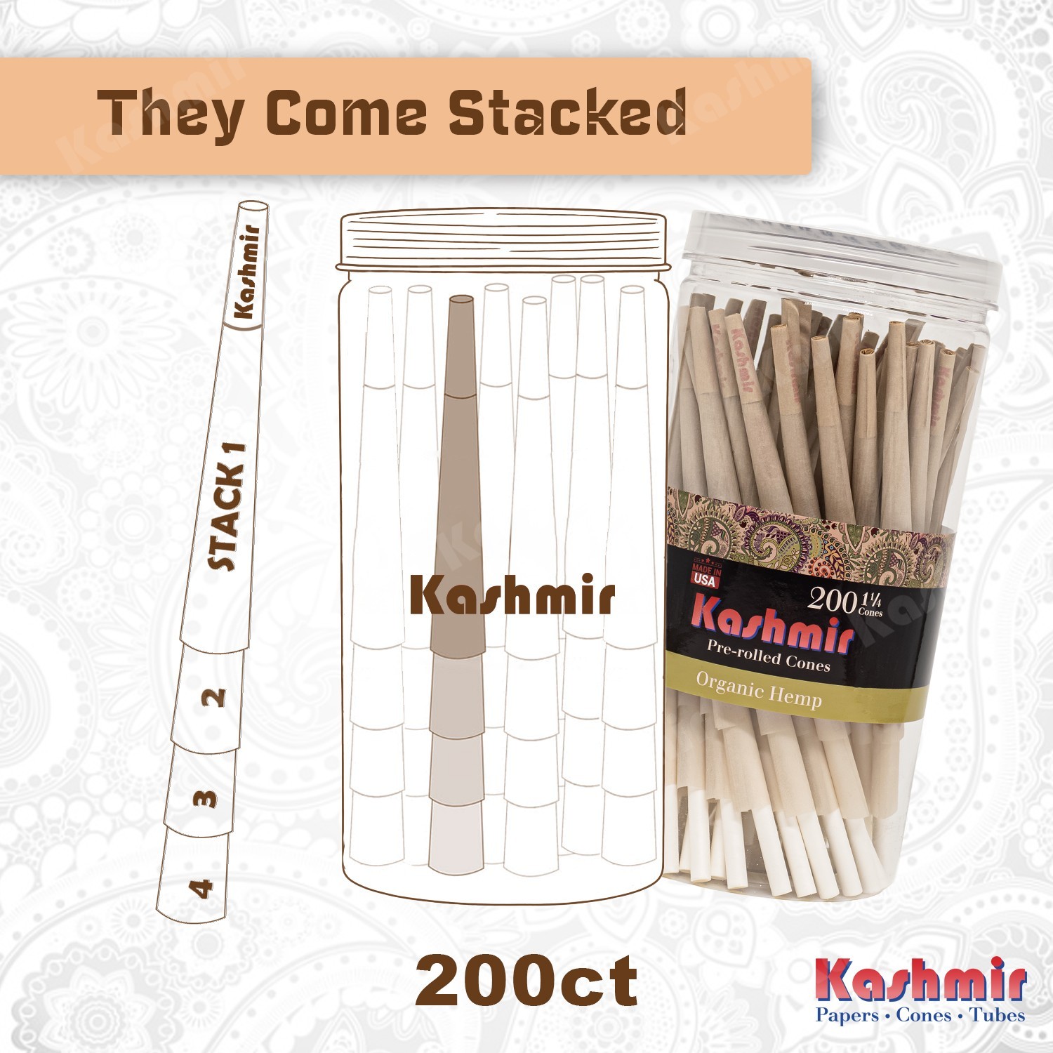 Kashmir 1 1/4 Size Organic Pre Rolled Cones – 200 Ct