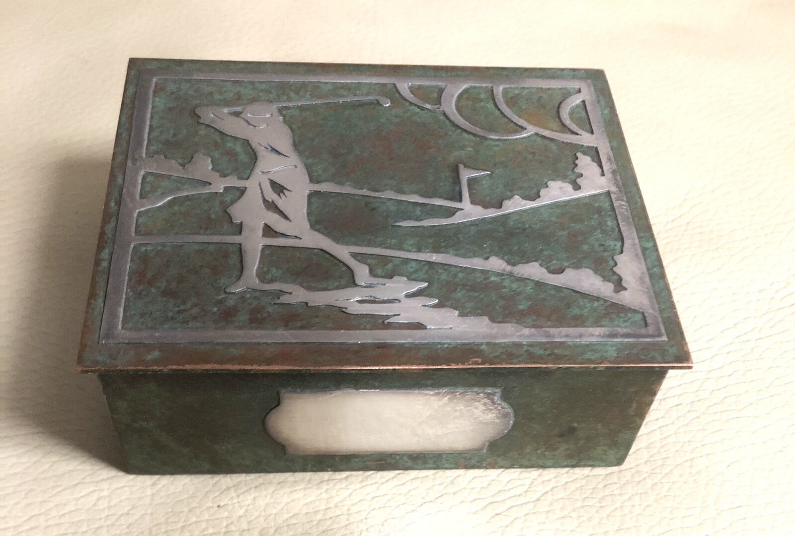 1920’s Golf Theme Cigarette Box: SMITH METAL ARTS; Bronze w/Silver; Art Deco