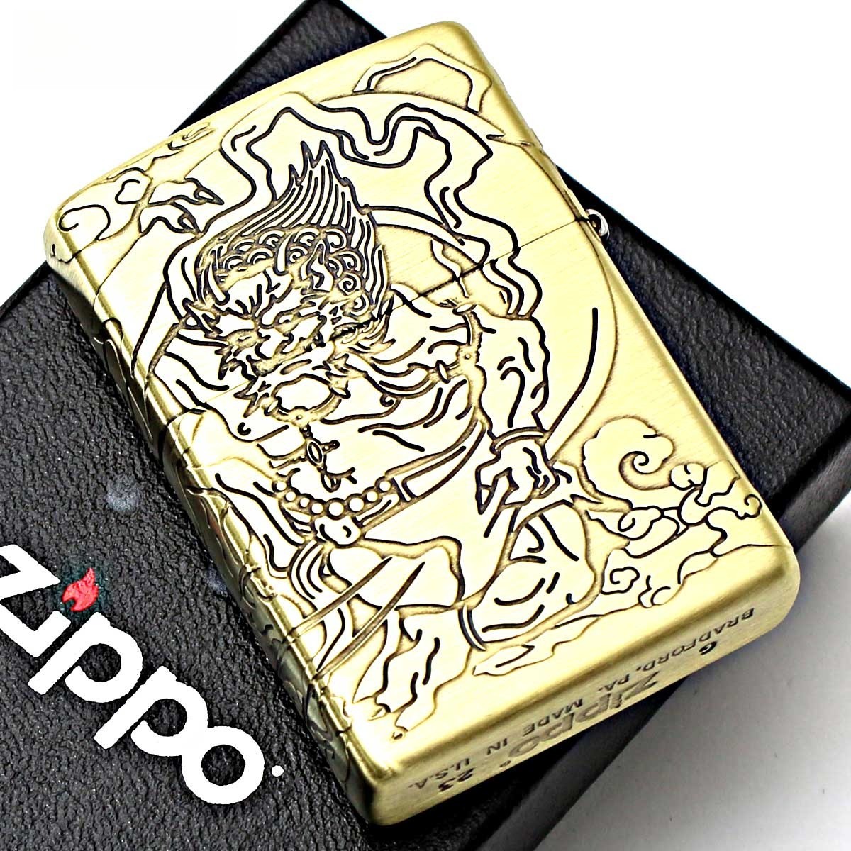 Zippo Lighter CASE ONLY Wind God Thunder God 4 sides continuous design brass