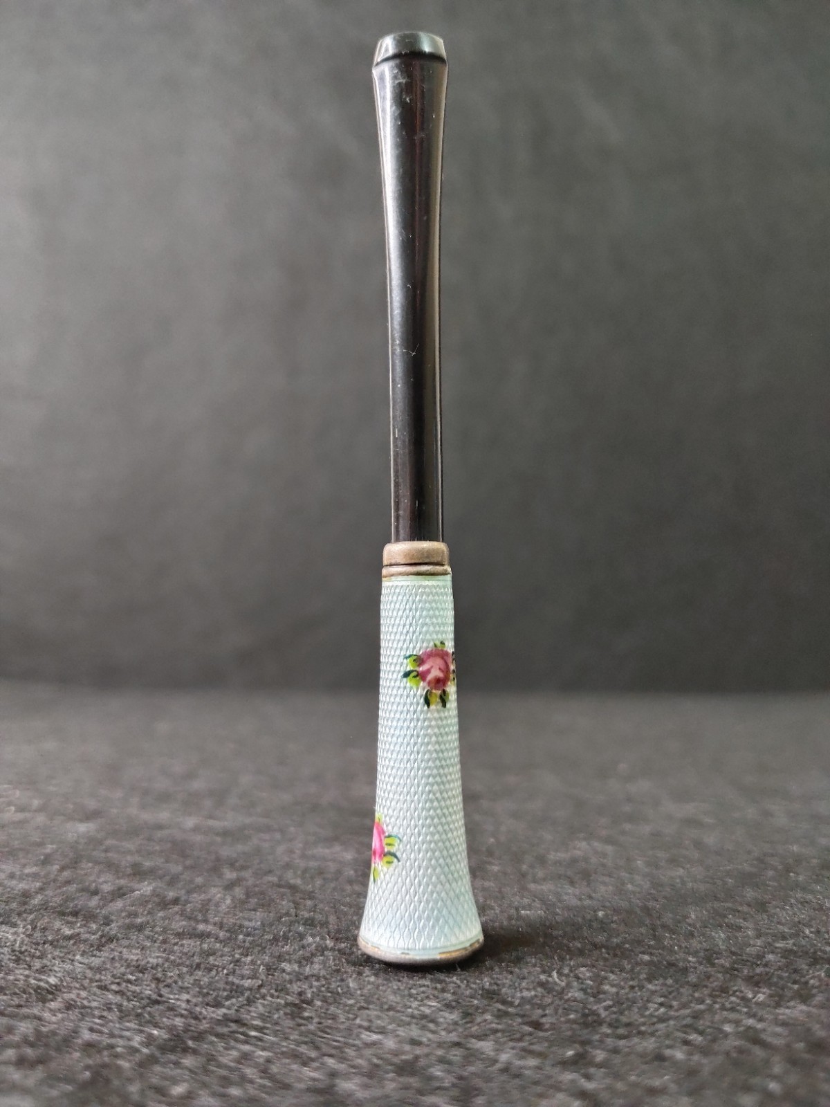 Vintage Sterling Silver-Guilloche Enamel Cigarette Holder-Mint Green w/HP Roses
