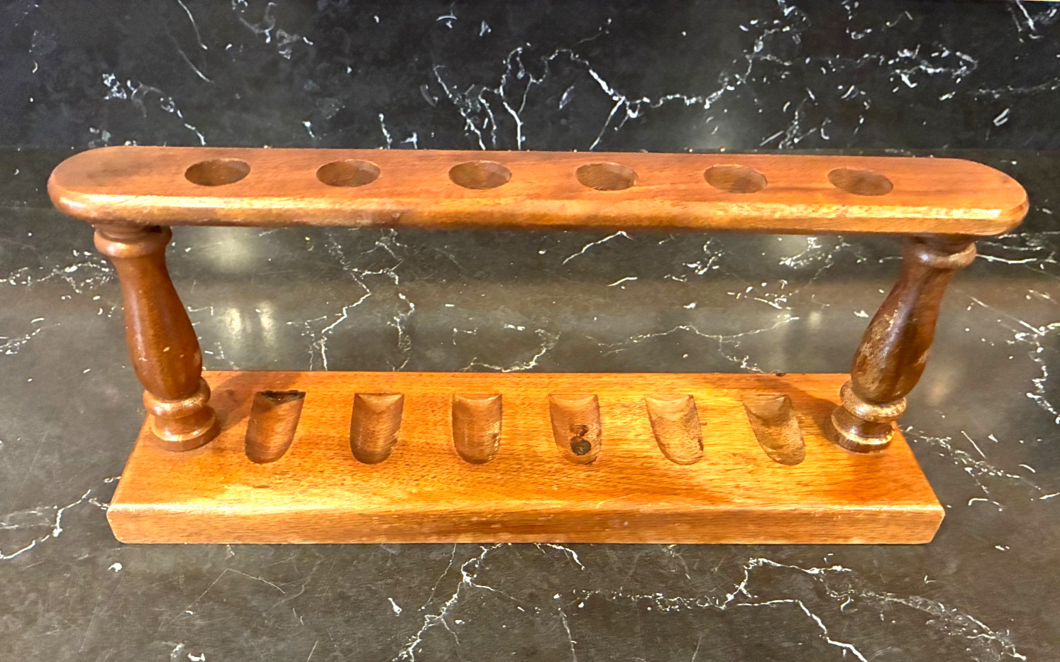 Wood 6 Pipe Rack Stand Tobacco Holder Walnut Finish Vintage