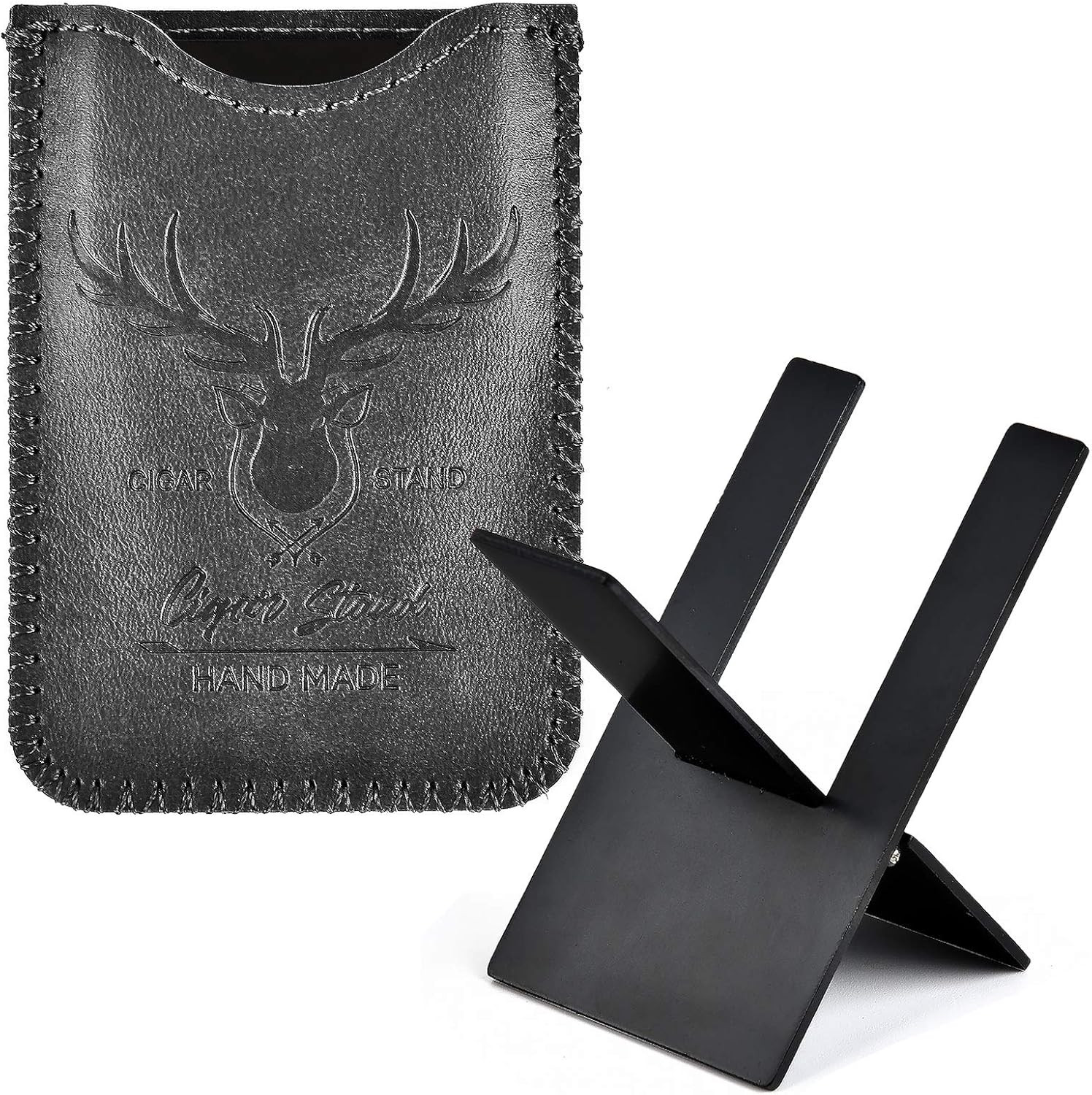 Black Stainless Foldable Cigar Stand Holder with Travel PU Leather Case