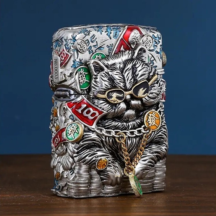 Lucky Cat Heavy Armor Handmade Lighter – Silver & Bronze | Gift | Zippo