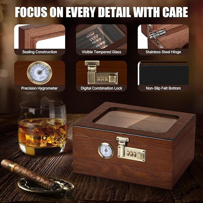 Cigar Humidor, Cedar Wood Humidor Cigar Box Combination Lock, Gift for men
