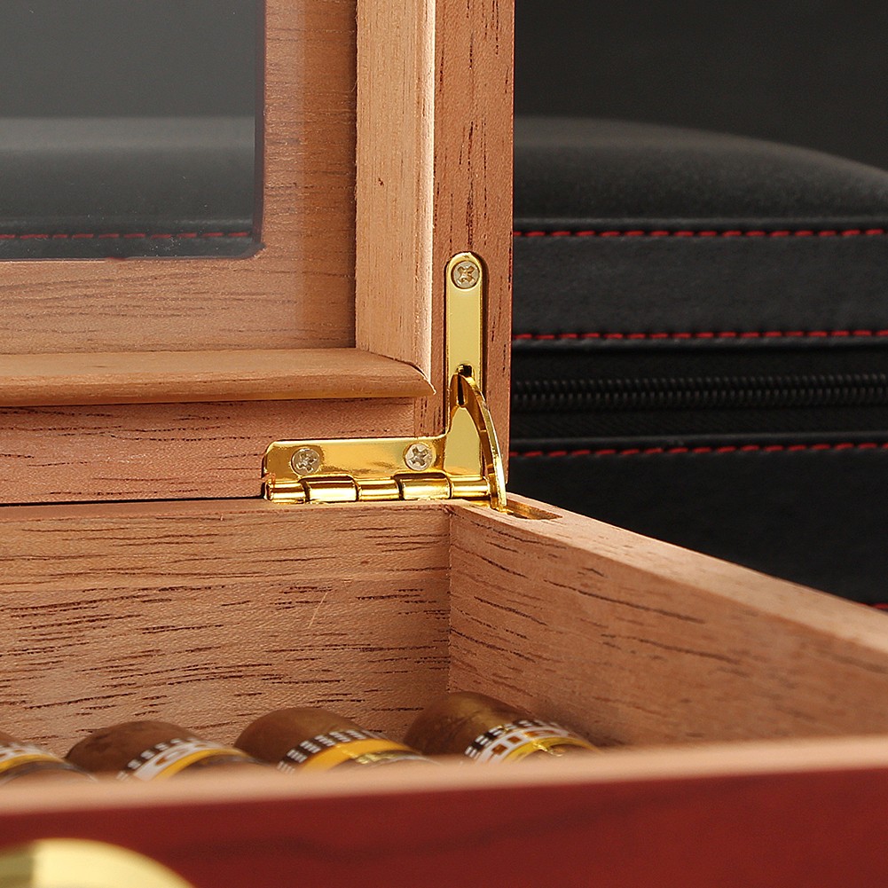 Red Holder 25 Cigar Humidor Storage Box Desktop Glasstop Humidifier Hygrometer