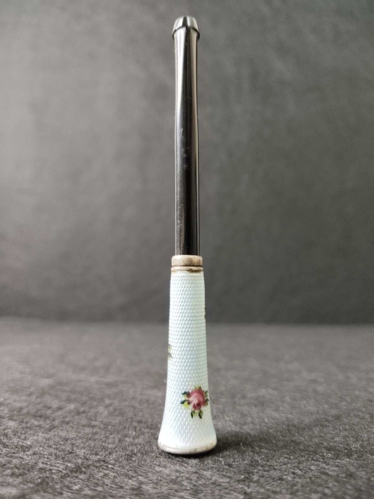 Vintage Sterling Silver-Guilloche Enamel Cigarette Holder-Mint Green w/HP Roses