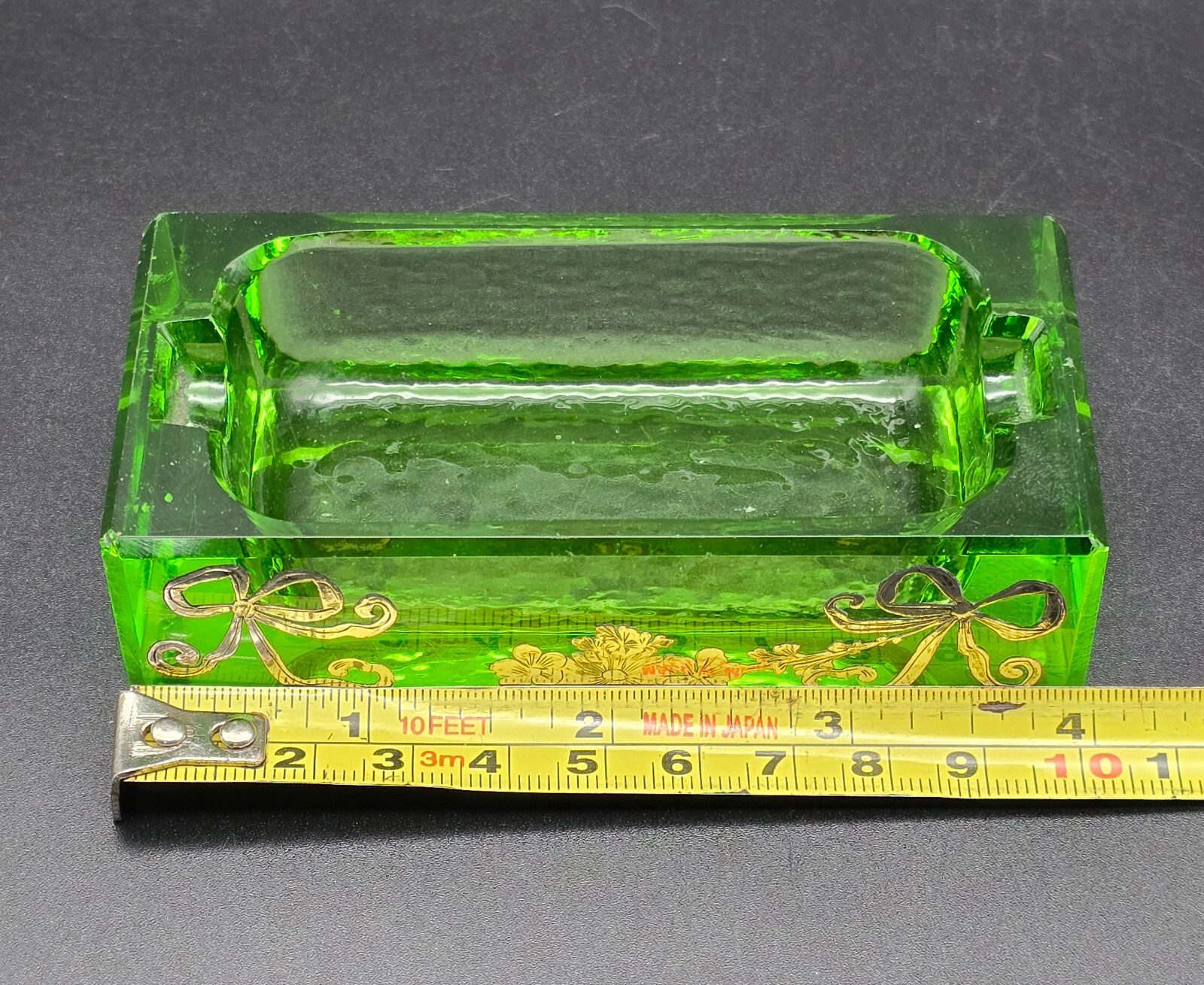 Antique Victorian Green Glass Ashtray with Sterling Silver Decorations/UK/c1900