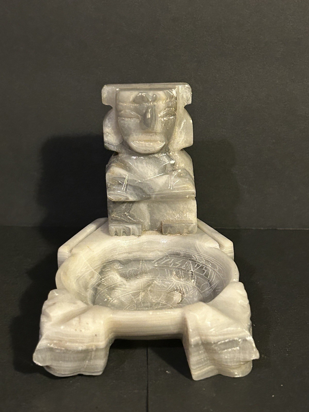 Carved Marble Mexican Ashtray Aztec Mayan Tribal Etched Center Beige Stone 4”