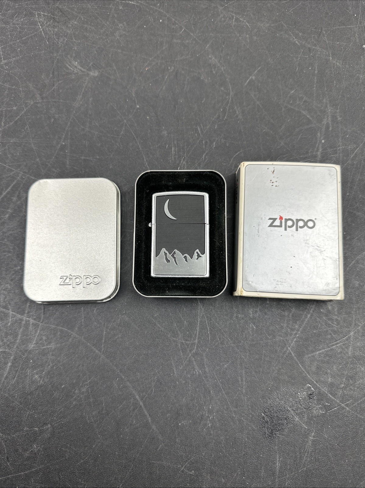 Zippo Lighter November 2000 Mountain Moon Emblem Brushed Chrome USA Made Working