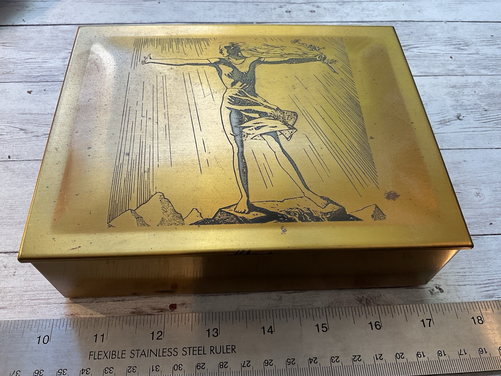 ORIGINAL 1920S ART DECO CIGAR BOX A.G. SPAULDING Copper W/ WOMAN ON LID