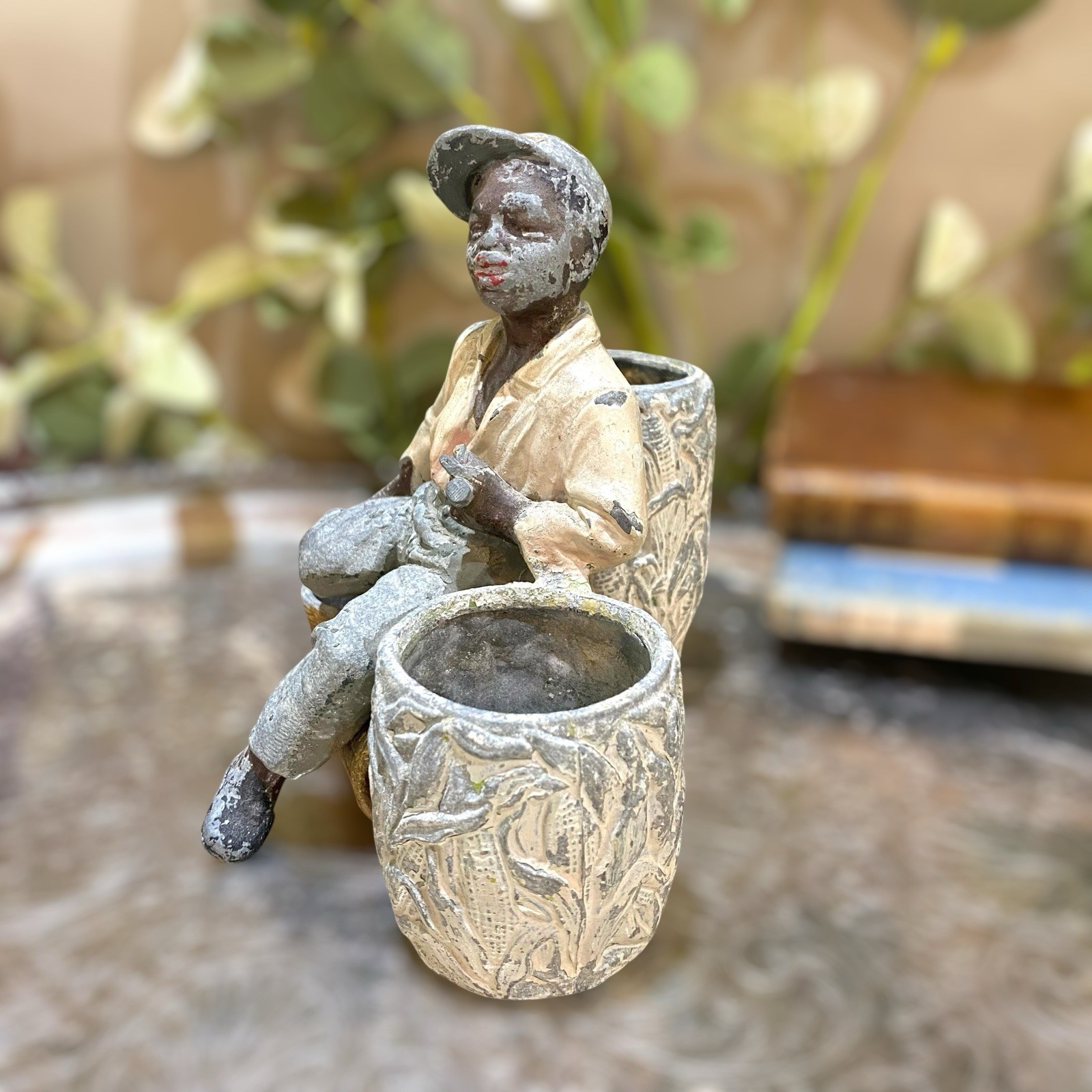 Antique Spelter Figure Of Man Pipe Match Cigarette Holder Tobacciana 1800’s
