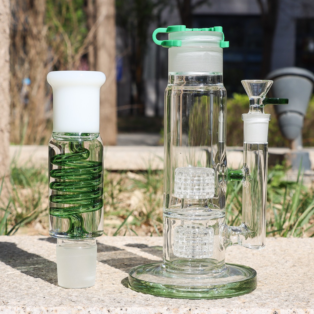 Green 14Inch Freezable Glycerin Glass Bong Perc Waterpipe With Bowl 14MM