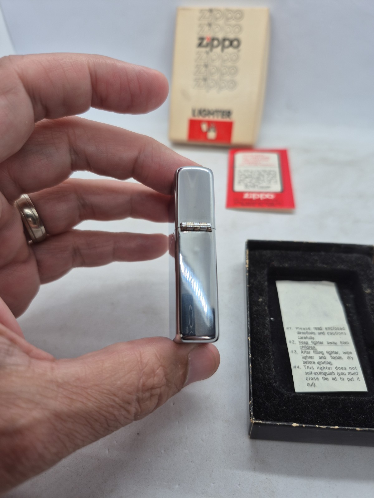 1979 Zippo No. 350 Engine Turned Pinstripe Chrome Lighter Box Papers Unused