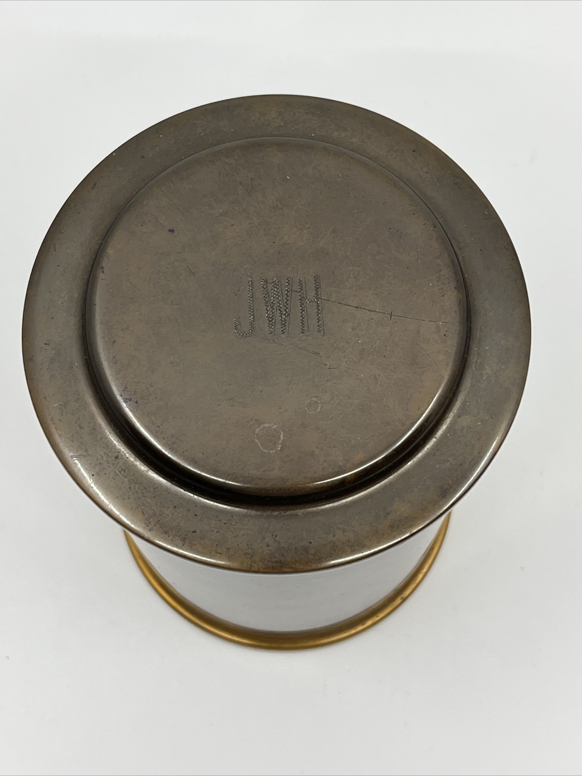 Antique Silver Crest Bronze Humidor Tobacco Cigar Canister Jar Monogram JWH