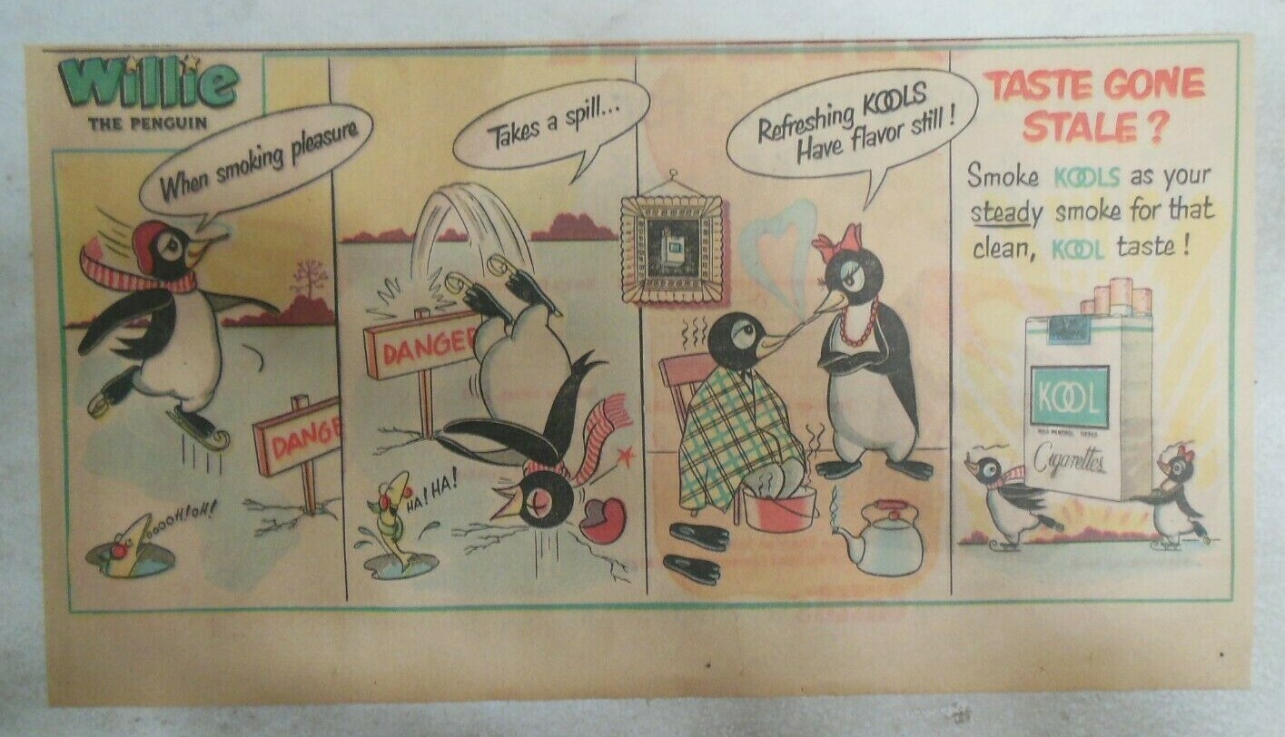 Willie The Penguin Kool Cigarette Ad: “Ice Skating” 1950’s Size: 7.5 x 15 inches