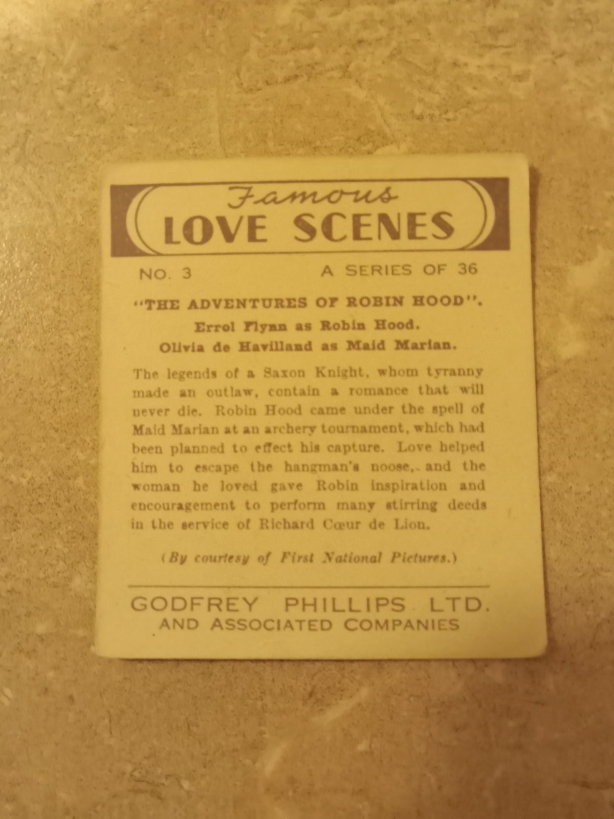 1939 Godfrey Phillips Card – Errol Flynn & Olivia de Haviland – Love Scenes EX+