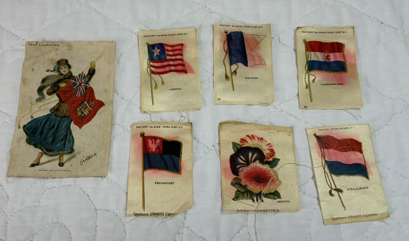 Antique Cigarette Silks, Lot Of Seven, Flags, Flowers, Canada Lady W/ Flag