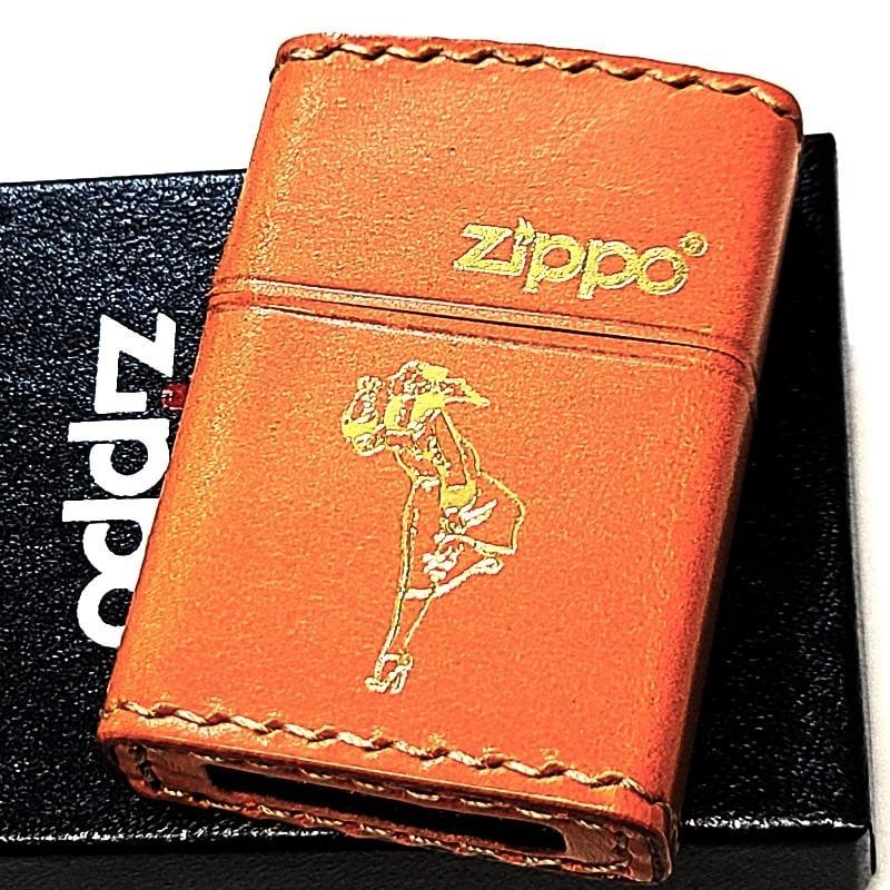Zippo Windy Genuine Leather Wrap Camel Brown Gold Foil Stamping Regular Lighter