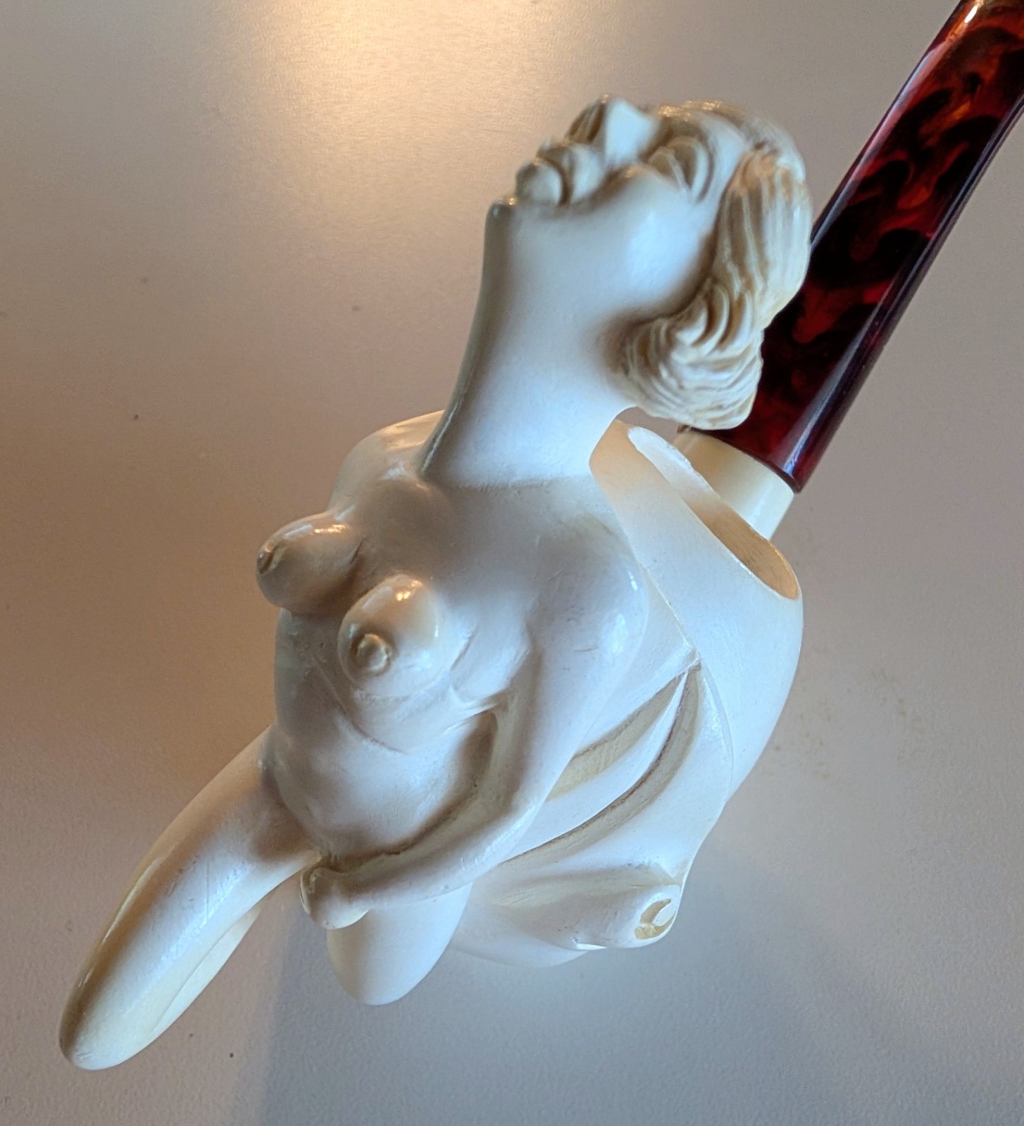 Vintage NOS Hand Carved Nude Lady Smoking Pipe, Block Meerschaum, No Case