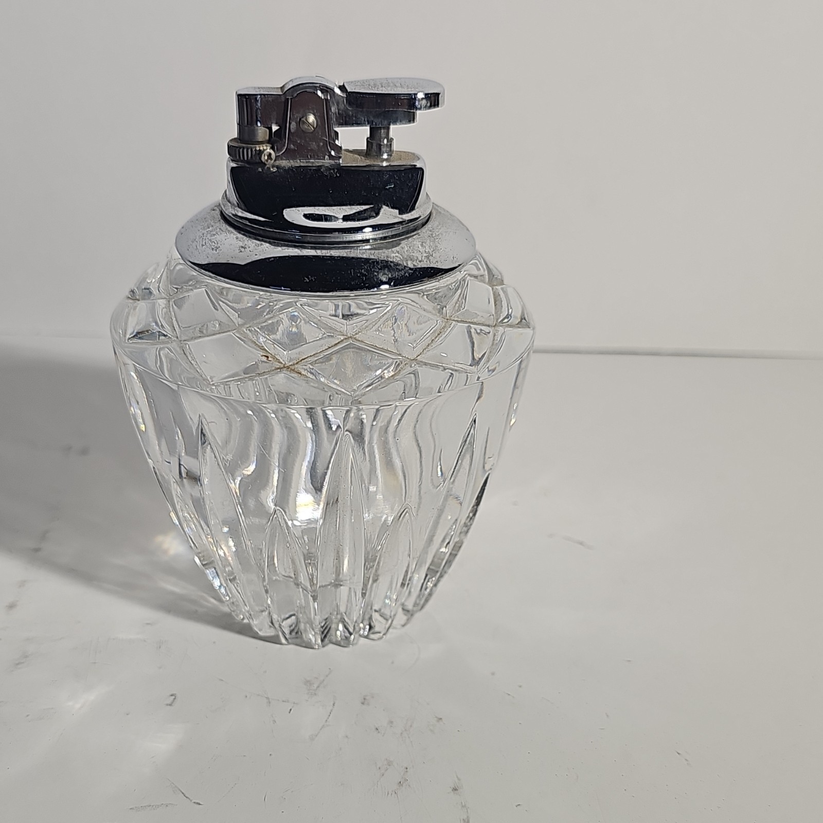 Cut Glass Clear Glass Table Lighter with Chrome Tone Top Decorative Lighter